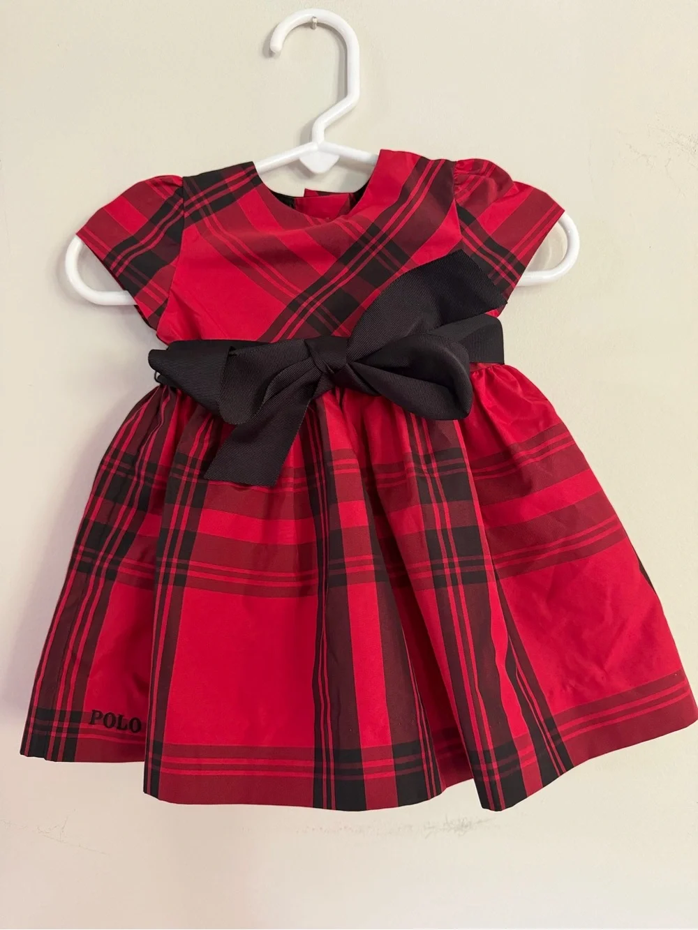 NWT Ralph Lauren Red Paid Baby Dress with Black Bow 3 months